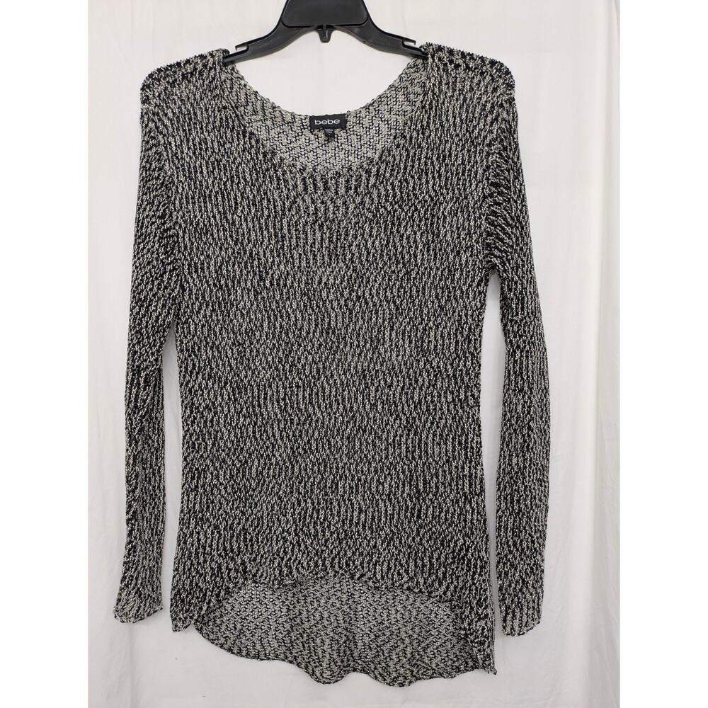 bebe Womens L Sheer Open Knit Sweater Black White Y2K Long Sleeve Going Out Top - Picture 2 of 8